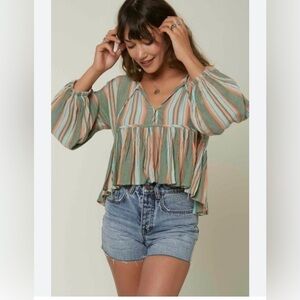 O'Neill Boho Striped Rosie Crop Top Long Sleeve Elastic Band Tie Front Medium